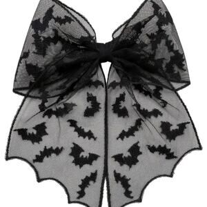 Large L Black Mesh Hair Bow Velvet Bats Halloween Goth Gothic Lolita Cheer